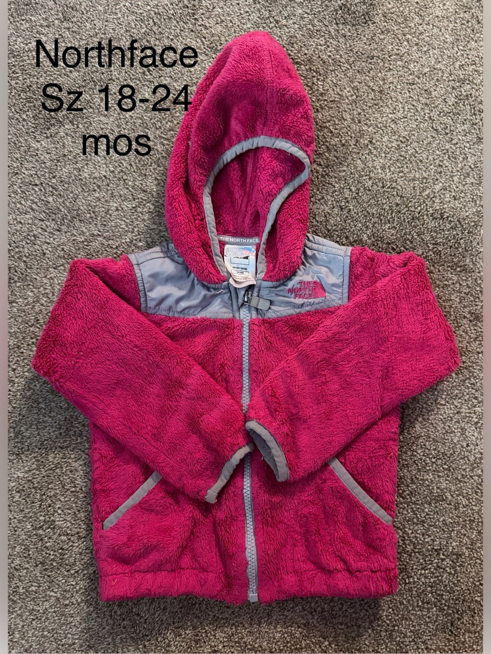 The North Face Kids Pink Fleece Hooded Jacket with Gray Trim Sz 18-24 mos GUC